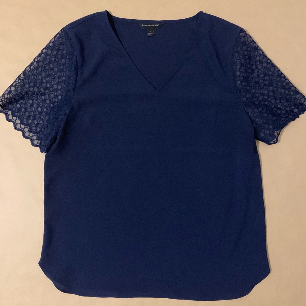 BR Factory Navy Top with lace & scalloped sleeve
